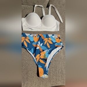 White Bikini Top and Blue Floral Bottoms